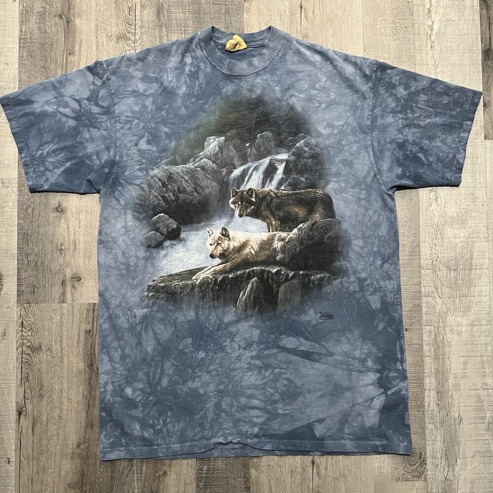 VTG The Mountain 1999 Wolves T Shirt Blue Tie Dye Wolf Animal Waterfall Mens 2XL